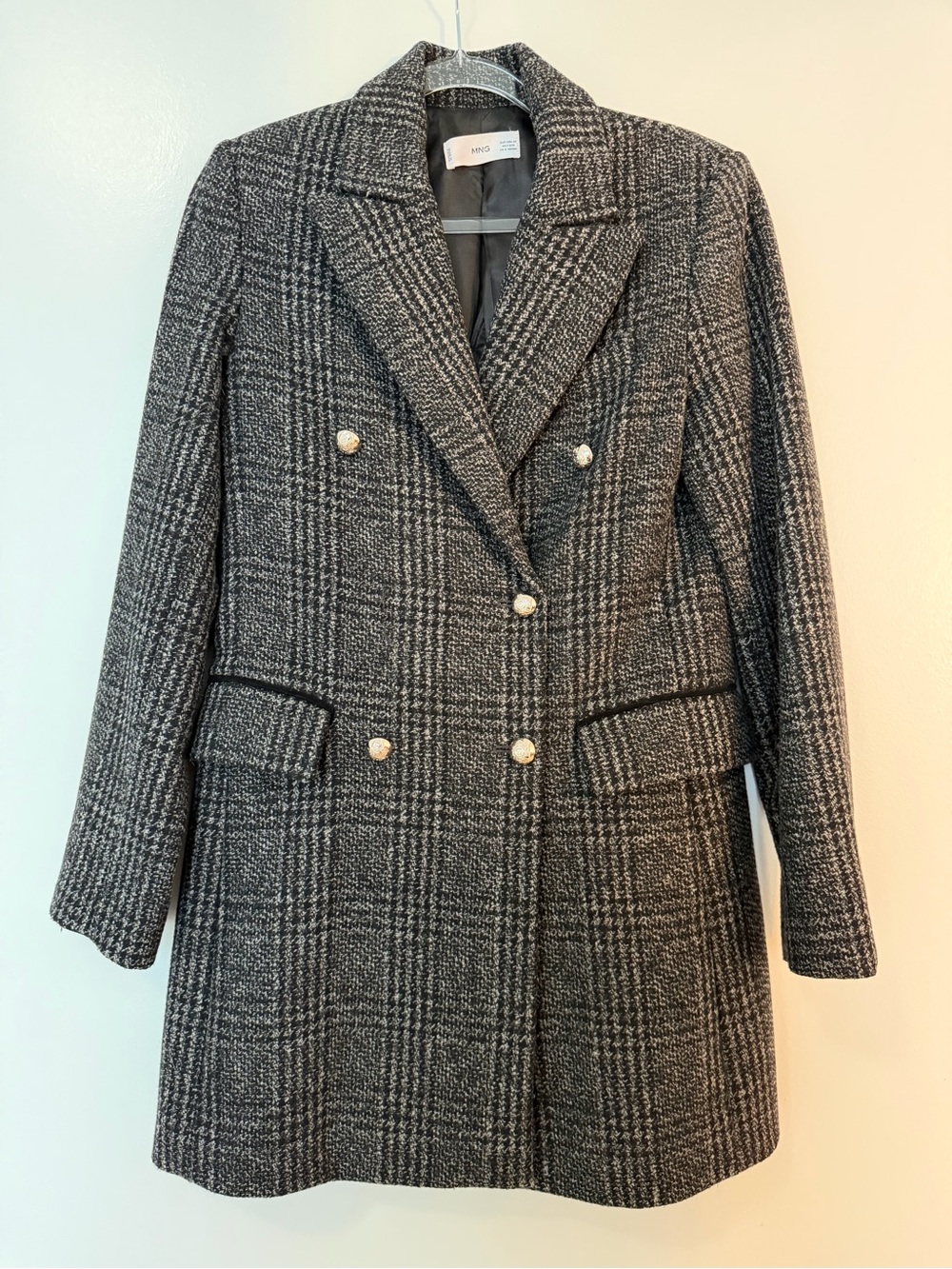 Mango Double-Breasted Gray Plaid Wool Blazer Coat